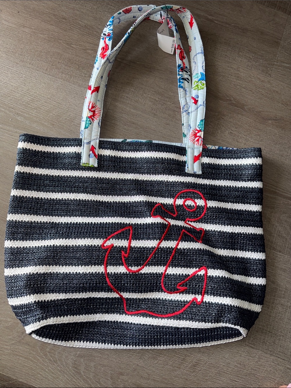 Vera Bradley Straw Beach Tote Bag Anchors Aweigh Navy Stripes NWT - Picture 12 of 13